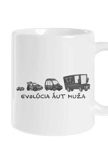 Evolúcia áut muža klasický hrnček White