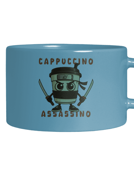 Cappuccino Assasino – Italian Brainrot hrnček makronka Blue Macaron